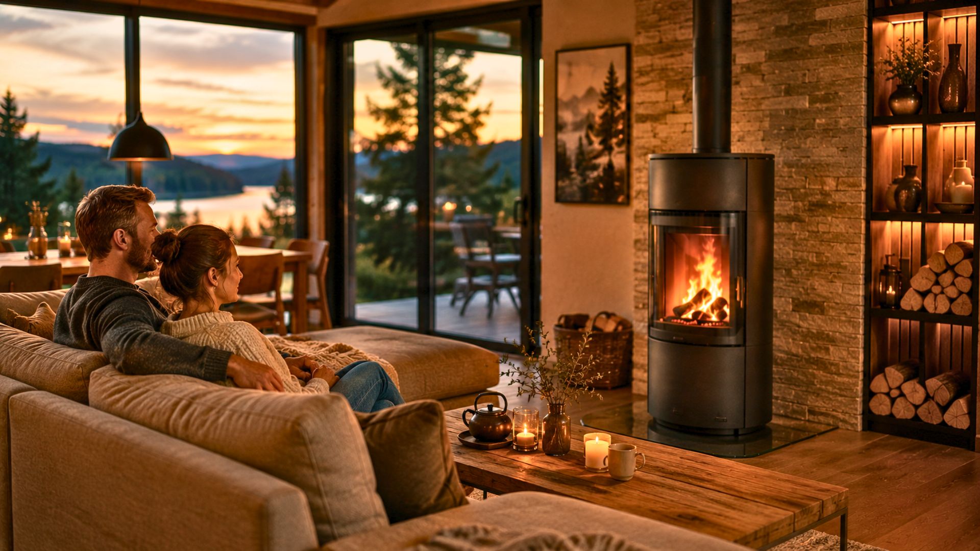 Gemütliches Zuhause mit Kaminfeuer und warmer Atmosphäre
